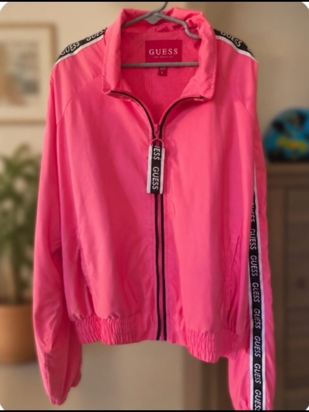 GUESS Women's Bright Pink Bomber Jacket with Logo Tape